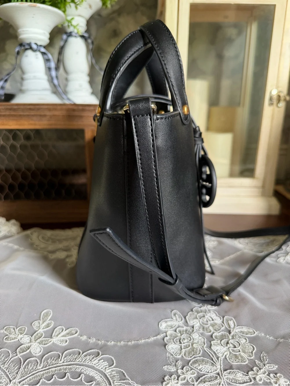 Tory Burch Black Leather Mini Miller Bucket Bag with Crossbody Strap